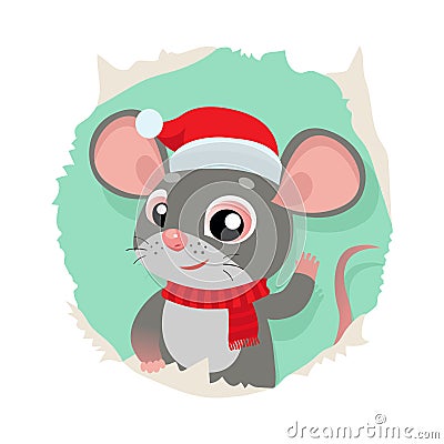 Rat Is A Symbol Of Chinese New Year. Funny Cartoon Mouse In The Hat Of Santa Claus. Vector Illustration
