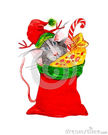 Rat symbol of the new year 2020 in the cap of Santa Claus hid in a red bag with gifts of cheese,sweets and candy. Watercolor Cartoon Illustration