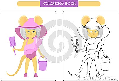 Coloring book for kids. Black and white cute cartoon rat. Vector illustration. Vector Illustration