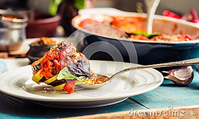 Ratatouille - a classic vegetarian dish from French cuisine. Baked vegetables in tomato sauce with basil and paprika. Comfort veg Stock Photo