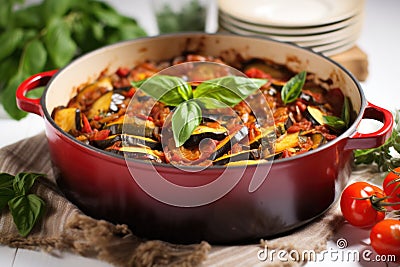 ratatouille garnished with fresh basil leaves Stock Photo