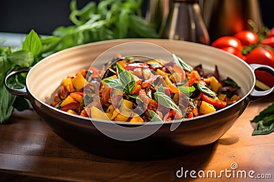 ratatouille served in a bowl, garnished with fresh basil Stock Photo