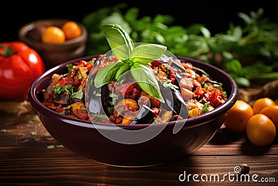 ratatouille served in a bowl, garnished with fresh basil Stock Photo