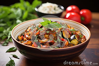 ratatouille served in a bowl, garnished with fresh basil Stock Photo