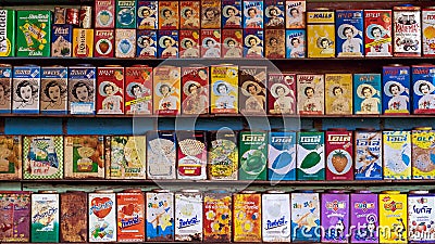 RATCHABURI, THAILAND-JANUARY 19,2020 : Collection retro and rusty vintage style colorful and various brands candy tin boxes on Editorial Stock Photo