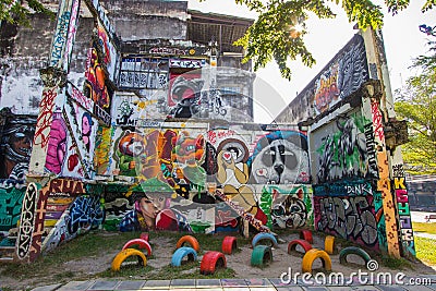 Ratchathewi,Bangkok,Thailand on November 3,2018:Colorful graffiti walls at Chalermla Public Park on Phayathai Rd.,next to Hua Chan Editorial Stock Photo