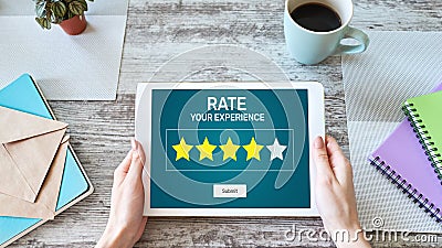 Rate customer experience review. Service and Customer satisfaction. Five Stars rating. Business and technology concept. Stock Photo