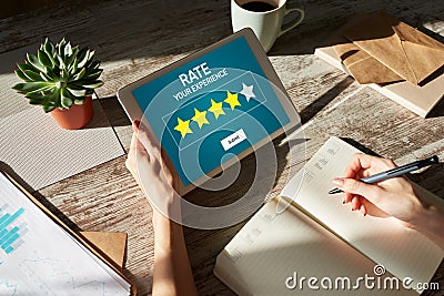 Rate customer experience review. Service and Customer satisfaction. Five Stars rating. Business internet concept. Stock Photo