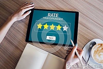 Rate customer experience review. Service and Customer satisfaction. Five Stars rating. Business internet concept. Stock Photo