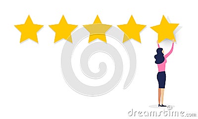 Vector Illustration user experience feedback concept. Cartoon Women Customer giving five star rating. Review scroll on white backg Vector Illustration