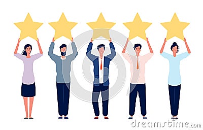 Rating concept. Characters holding gold five stars for positive feedback good review vector flat picture Vector Illustration