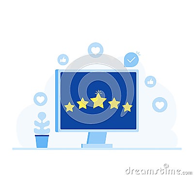 Rating, feedback, comments design concept. Computer screen with stars. Modern flat style vector illustration Vector Illustration