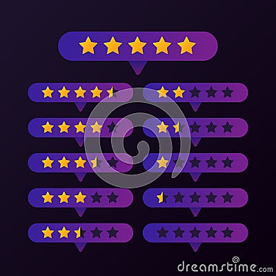 Rating gold stars set button on purple background Stock Photo