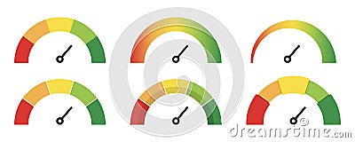 Rating measure scale. Speedometer indicator set. Quality meter with arrow. Feedback rating indicator. Quality icons set. Low and Vector Illustration