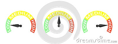 Rating Meter. Difficulty level low medium high. Set of measuring speedometer. Barometer icon. Measuring instrument concept. Vector Vector Illustration