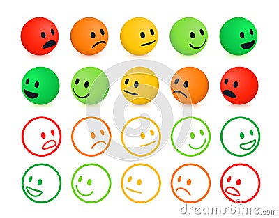 Rating and Ranking Levels of Satisfaction. Isometric Round Faces Depicting Emotions Vector Illustration