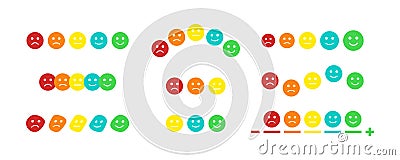 Rating scales. Cute rainbow colored emotional faces. Set of colorful flat icons. Sad and happy mood, vote scale set Vector Illustration