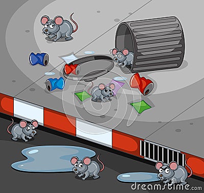 Rats searching trashcan on the sidewalk Vector Illustration