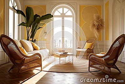 Rattan armchairs and table near bay window with cushions in cozy room. Generative AI Stock Photo