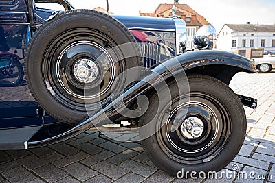 RATZEBURG, GERMANY - JUNE 2, 2019: Historic Opel, front wheel, mudguard and spare wheel of the classic automobile, oldtimer car Editorial Stock Photo