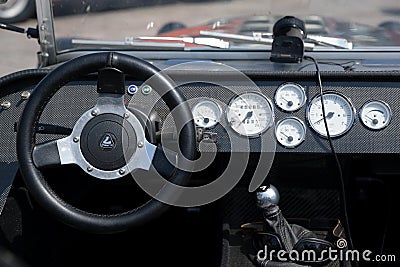 RATZEBURG, GERMANY - JUNE 2, 2019: Lotus Super 7, interior with steering wheel, dashbord and instruments of the lighthtweight two- Editorial Stock Photo