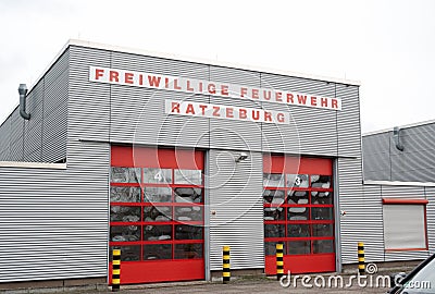Ratzeburg, Germany, March 20, 2020: Volunteer fire department building with roller doors for the fire-fighting emergency vehicles Editorial Stock Photo