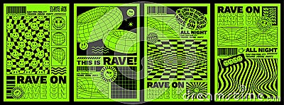 Rave psychedelic acid posters. Surreal geometric shapes, retro futuristic abstract background. Vector Illustration