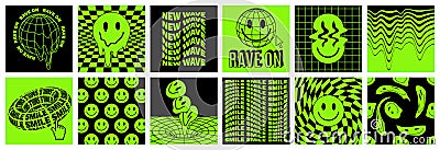 Rave psychedelic acid sticker set. Trippy illustrations, dripping smiles. surreal geometric shapes. Vector Illustration