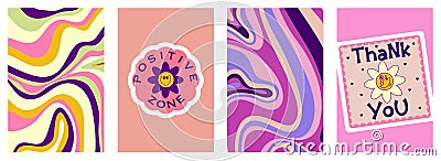 Rave trippy poster set with patches, smile, sticker. Modern retro abstract design. Abstract trippy psychedelic smile Vector Illustration