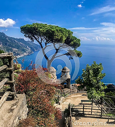 Ravello, Italy, September 7, 2018: Picture postcard with terrace with flowers in the garden Villas Rufolo in Ravello. Amalfi Coast Editorial Stock Photo