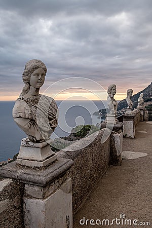 View of the famous statues and the Mediterranean Sea from the Terrace of Infinity at the gardens of Villa Cimbrone, Ravello, Italy Editorial Stock Photo