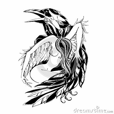Raven and angel.Tattoo. Protector. Patron. Vector illustration. Cartoon Illustration