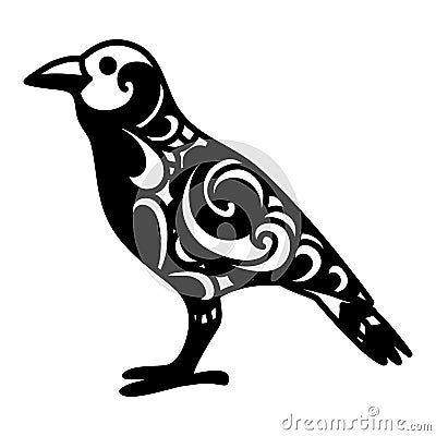 Raven or crow decorative halloween tribal drawing with ornaments Vector Illustration