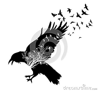 Raven double exposure. Vector Illustration