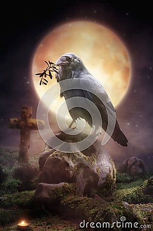 Full moon Raven on the grave Cartoon Illustration