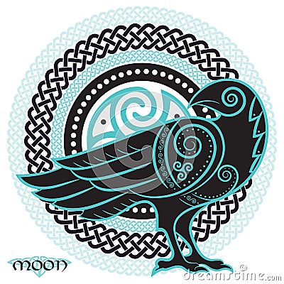 Raven hand-drawn in Celtic style, on the background of the Celtic moon ornament Vector Illustration