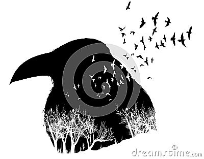 Raven double exposure Vector Illustration
