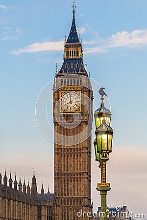 Raven on lampost at Houses of Parliament in early winter morning Stock Photo