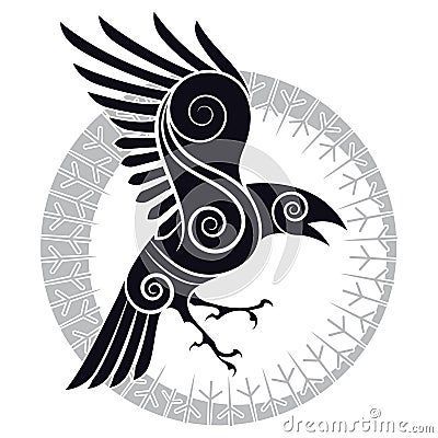 The Raven of Odin in a Celtic style and design runic circle Vector Illustration