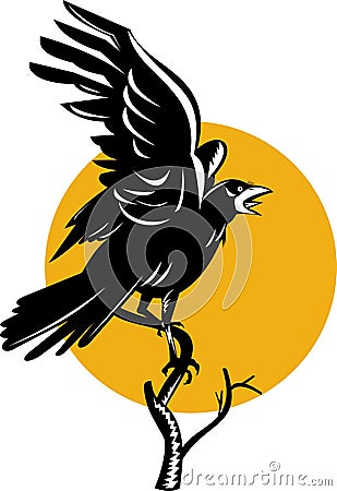 Raven perched on a branch Vector Illustration