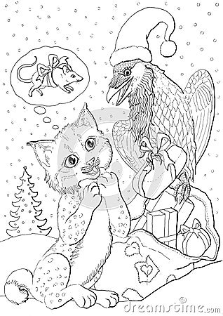 Raven Santa and lynx Christmas and gifts Cartoon Illustration