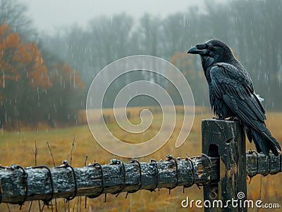 A raven sits on a fence on a gloomy winter day against a stormy sky. Stock Photo