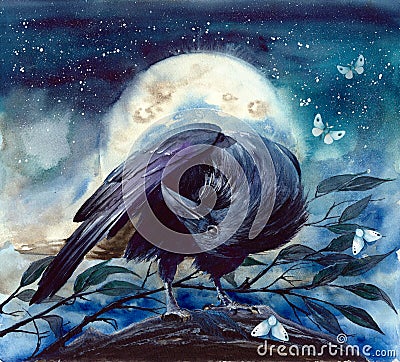 A raven on the tree branch with shining moon Stock Photo