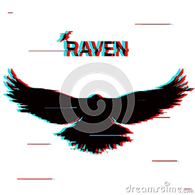 Raven vector illustration with glitch anaglyph effect. Vector Illustration