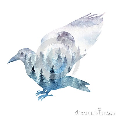 A raven with watercolor landscape inside Stock Photo