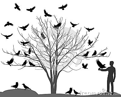 Ravens and crows on tree Vector Illustration