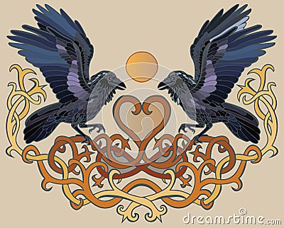 Ravens pair and heart Celtic ornament Vector Illustration