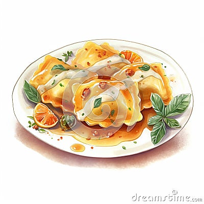 Ravioli pasta with cheese and basil. Watercolor hand drawn illustration Cartoon Illustration