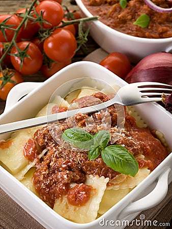 Ravioli with ragout sauce Stock Photo