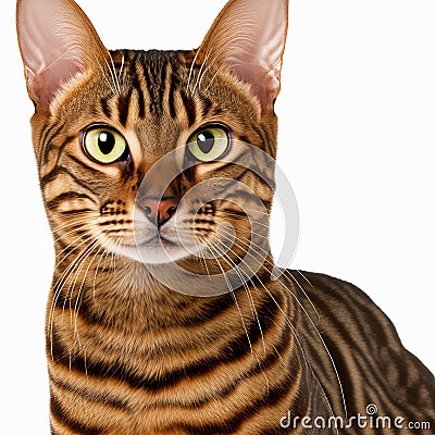 Ravishing adorable toyger cat portrait on white isolated background. Stock Photo